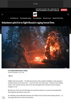 Обложка электронного документа Volunteers pitch in to fight Russia’s raging forest fires: [comments of a member of the Russian parliament from Sakha Fedot Tumusov, Mikhail Kreindlin from Greenpeace Russia, a senior scientist at the European Centre for Medium-Range Weather Forecasts Mark Parrington]