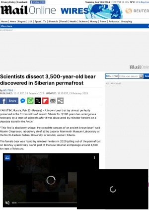 Обложка Электронного документа: Scientists dissect 3,500-year-old bear discovered in Siberian permafrost