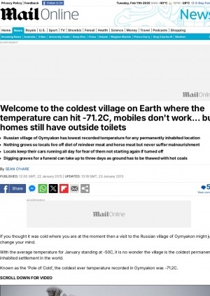 Обложка Электронного документа: Welcome to the coldest village on Earth where the temperature can hit -71.2C, mobiles don't work... but homes still have outside toilets: [about the coldest inhabited region in the world Oymyakon in Yakutia]