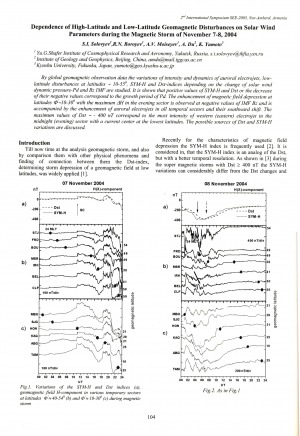 Обложка электронного документа Dependence of High-Latitude and Low-Latitude Geomagnetic Disturbances on Solar Wind Parameters during the Magnetic Storm of November 7-8, 2004
