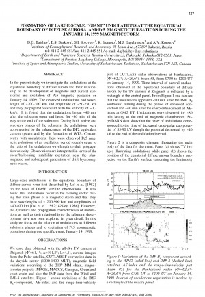 Обложка электронного документа Formation of large-scale, "giant" undulations at the equatorial boundary of diffuse aurora and Pc5 magnetic pulsations during the January 14, 1999 magnetic storm