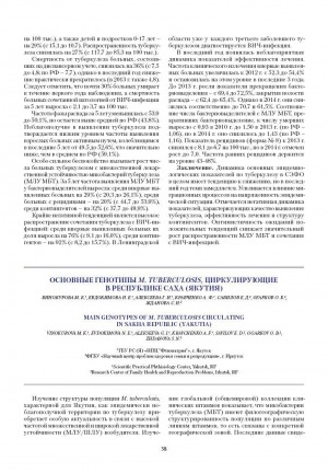 Обложка электронного документа Основные генотипы М. TUBERCULOSIS, циркулирующие в Республике Саха (Якутия)