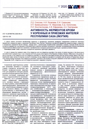 Обложка электронного документа Активность ферментов у коренных и приезжих жителей Республики Саха (Якутия)