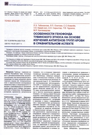 Обложка Электронного документа: Особенности генофонда тувинского этноса на основе изучения антигенов групп крови в сравнительном аспекте