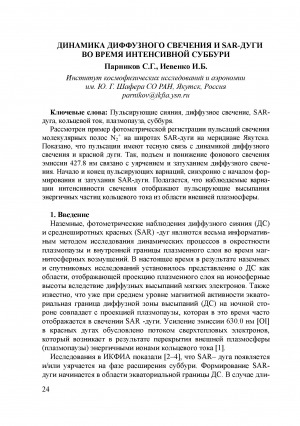 Обложка Электронного документа: Динамика диффузного свечения и SAR-дуги во время интенсивной суббури <br>Dynamics of Diffuse Glow and SAR-Arcs During Intensive Substorm