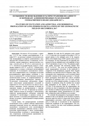 Обложка электронного документа Особенности возбуждения и распространения по азимуту и меридиану длиннопериодных Pi3 колебаний геомагнитного поля 8 декабря 2017 г.