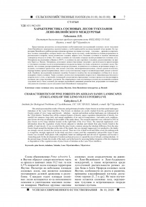 Обложка Электронного документа: Характеристика сосновых лесов тукуланов Лено-Вилюйского междуречья <br>Characteristics of pine forests on aeolian sandy landscapes (tukulanes) of the Leno-Vilyui interfluve