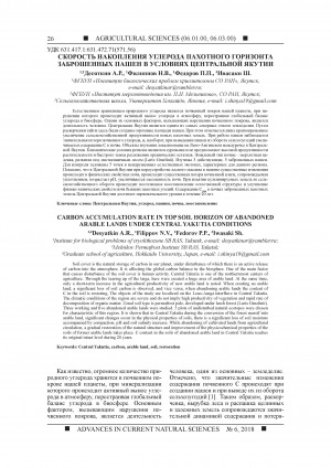 Обложка электронного документа Скорость накопления углерода пахотного горизонта заброшенных пашен в условиях Центральной Якутии <br>Carbon accumulation rate in top soil horizon of abandoned arable lands under Central Yakutia conditions