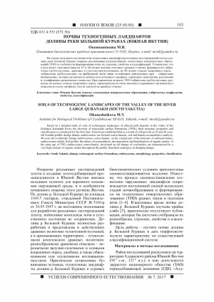 Обложка электронного документа Почвы техногенных ландшафтов долины реки Большой Куранах (Южная Якутия) <br>Soils of technogenic landscapes of the valley of the river Large Quranakh (South Yakutia)