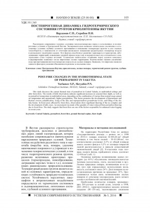 Обложка Электронного документа: Постпирогенная динамика гидротермического состояния грунтов криолитозоны Якутии <br>Post-fire changes in the hydrothermal state of permafrost in Yakutia