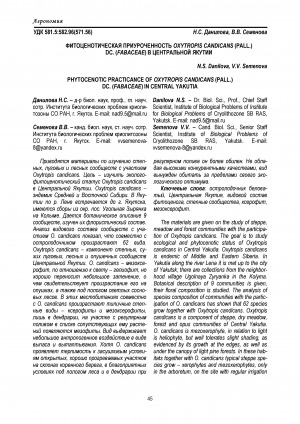 Обложка электронного документа Фитоценотическая приуроченность Oxytropis candicans (Pall.) DC. (Fabaceae) в Центральной Якутии