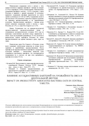 Обложка электронного документа Влияние ассоциативных бактерий на урожайность овса в Центральной Якутии <br>Impact on productivity associated bacteria oats in Central Yakutia