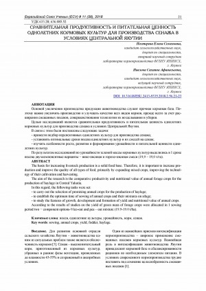 Обложка электронного документа Сравнительная продуктивность и питательная ценность однолетних кормовых культур для производства сенажа в условиях Центральной Якутии