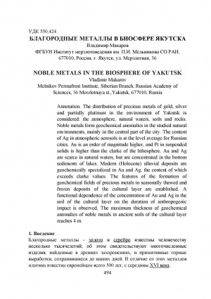 Обложка Электронного документа: Благородные металлы в биосфере Якутска <br>Noble metals in the biosphere of Yakutsk