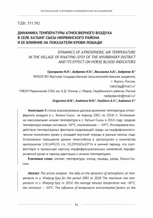 Обложка электронного документа Динамика температуры атмосферного воздуха в селе Хатынг-Сысы Нюрбинского района и ее влияние на показатели крови лошади <br>Dynamics of atmospheric air temperature in the village of Khatyng-Sysy of the Nyurbinsky district and its effect on horse blood indicators