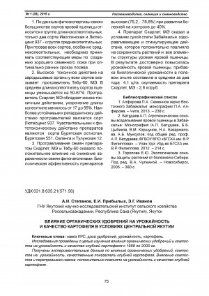 Обложка электронного документа Влияние органических удобрений на урожайность и качество картофеля в условиях Центральной Якутии <br>Effect of organic fertilizers on potato yield and quality in Central Yakutia
