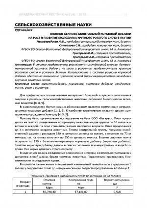 Обложка Электронного документа: Влияние белково-минеральной кормовой добавки на рост и развитие молодняка крупного рогатого скота в Якутии