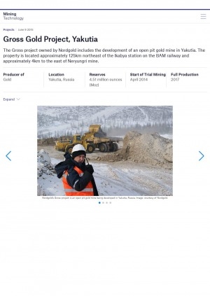 Обложка Электронного документа: Gross Gold Project, Yakutia: [about gold mining project Gross of Nordgold, which is located 4km to the east of Neryungri mine. Nordgold expects to mine 12 million tonnes of ore per annum (Mtpa) and produce 220,000 ounce (Oz) of gold a year]