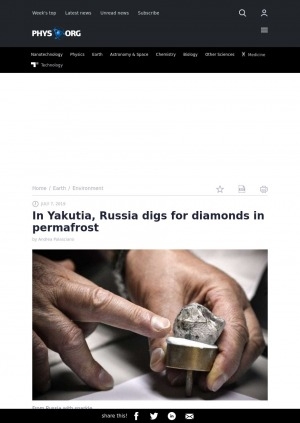 Обложка Электронного документа: In Yakutia, Russia digs for diamonds in permafrost: [how they work in cold winters, quality of yakut diamonds, ecological damage to the Vilyuy basin. Comments of  the director of Mirny's diamond sorting centre Oleg Popov, worker of this center Irina Senyukova, driver of track Dmitry Averyanov]
