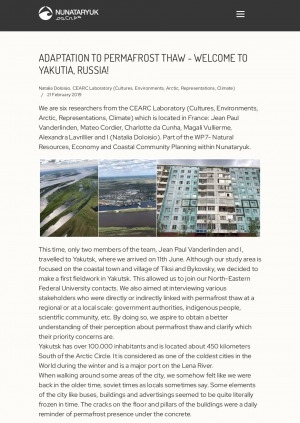 Обложка электронного документа Adaptation to permafrost thaw - welcome to Yakutia!: [inspiration from Yakutsk, its population, Ysyakh Festival in comments of members CEARC Laboratory (France) researchers Natalia Doloisio and Jean Paul Vanderlinden, who came to learn about permafrost]