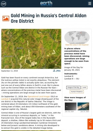 Обложка Электронного документа: Gold Mining in Russia’s Central Aldan Ore District: [about gold mining in Yakutia with natural-color images of Operational Land Imager (OLI) on Landsat 8]