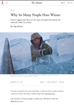 Обложка электронного документа Why so many people hate winter: [about how some people stand extreme cold weather, basal metabolic rate with a comment of the Northwestern University anthropology professor William Leonard, a professor in thermoregulatory physiology at the University of Sydney Ollie Jay]
