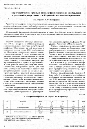 Обложка электронного документа Парагенетические группы и типоморфизм гранатов из кимберлитов в различной продуктивностью Якутской алмазоносной провинции