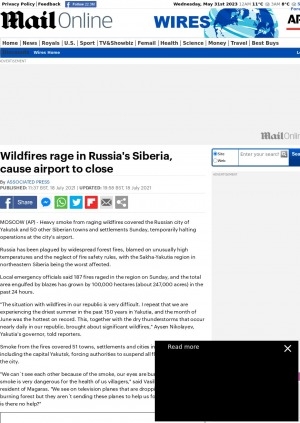 Обложка электронного документа Wildfires rage in Russia's Siberia, cause airport to close: [with comments of the Yakutia's governor Aysen Nikolayev, resident of Magaras Vasiliy Krivoshapkin]