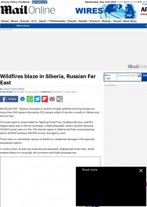 Обложка электронного документа Wildfires blaze in Siberia, Russian Far East: [with comments of the Russian state agency responsible for fighting forest fires Avialesookhrana]