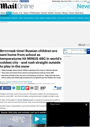 Обложка электронного документа Brrrrrreak time! Russian children are sent home from school as temperatures hit minus 48C in world's coldest city - and rush straight outside to play in the snow