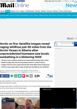 Обложка электронного документа Arctic on fire: Satellite images reveal raging wildfires just 30 miles from the Arctic Ocean in Siberia after unprecedented heatwave saw locals sunbathing in a blistering 100F: [comments of a climate scientist of the University of Michigan environmental school dean Jonathan Overpeck]