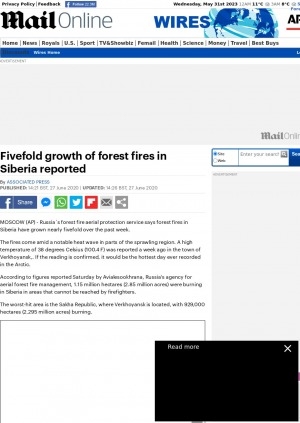 Обложка электронного документа Fivefold growth of forest fires in Siberia reported