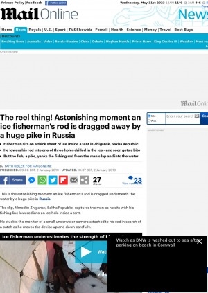Обложка электронного документа The reel thing! Astonishing moment an ice fisherman's rod is dragged away by a huge pike in Russia