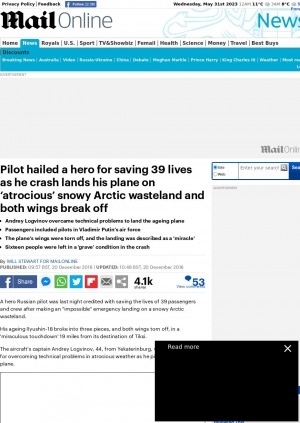 Обложка электронного документа Pilot hailed a hero for saving 39 lives as he crash lands his plane on ‘atrocious’ snowy Arctic wasteland and both wings break off