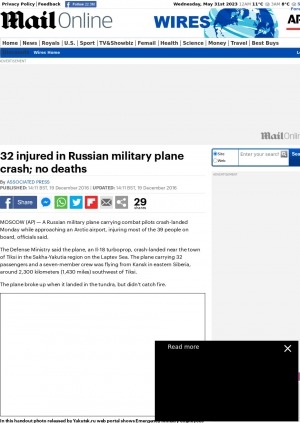 Обложка электронного документа 32 injured in Russian military plane crash; no deaths