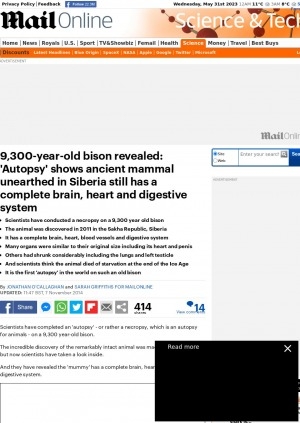 Обложка электронного документа 9,300-year-old bison revealed: 'Autopsy' shows ancient mammal unearthed in Siberia still has a complete brain, heart and digestive system: [with comments of the scientist of the Mammoth Site of Hot Springs in South Dakota Dr. Olga Potapova]