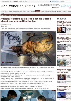 Обложка электронного документа Autopsy carried out in Far East on world's oldest dog mummified by ice: [with comments of the scientist from the palaeontology department of the Royal Belgian Institute of Natural Sciences Dr Mietje Germonpre]
