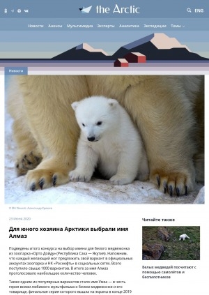 Обложка электронного документа Для юного хозяина Арктики выбрали имя Алмаз: [о белом медвежонке из зоопарка "Орто Дойду", Хангаласский улус]