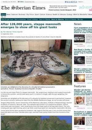 Обложка электронного документа After 126,000 years steppe mammoth emerges to show off his giant tusks: [with comments of the senior researcher of the Mammal Laboratory, Institute of Palaeontology, Russian Academy of Sciences, Moscow Yevgeny Maschenko, head of the Department of Mammoth Fauna Studies in Yakutsk Dr Albert Protopopov]