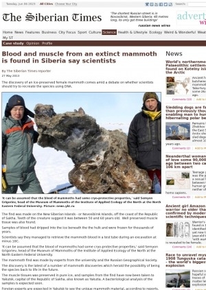 Обложка электронного документа Blood and muscle from an extinct mammoth is found in Siberia say scientists: [with comments of the head of the Museum of Mammoths of the Institute of Applied Ecology of the North at the North Eastern Federal University Semyon Grigoriev]