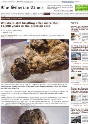 Обложка электронного документа Whiskers still bristling after more than 12,000 years in the Siberian cold: [with comments of the head of the mammoth fauna studies department of the Yakutian Academy of Sciences Dr Albert Protopopov]