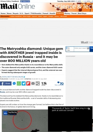 Обложка электронного документа The Matryoshka diamond: Unique gem with another jewel trapped inside is discovered in Russia - and it may be over 800 million years old: [with the comments of the Deputy Director for innovations at ALROSA's Research and Development Geological Enterprise Oleg Kovalchuk]