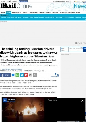 Обложка электронного документа That sinking feeling: Russian drivers dice with death as ice starts to thaw on frozen highway across Siberian river