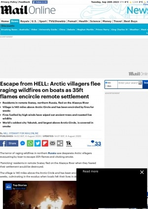 Обложка электронного документа Escape from HELL: Arctic villagers flee raging wildfires on boats as 35ft flames encircle remote settlement
