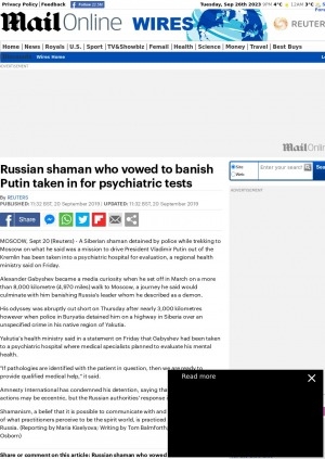 Обложка электронного документа Russian shaman who vowed to banish Putin taken in for psychiatric tests