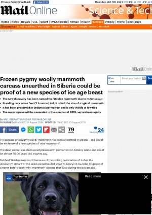 Обложка электронного документа Frozen pygmy woolly mammoth carcass unearthed in Siberia could be proof of a new species of ice age beast: [with comments of the Mammoth expert, head of the department for the study of mammoth fauna, Academy of Sciences of the Republic of Sakha (Yakutia) Dr Albert Protopopov]