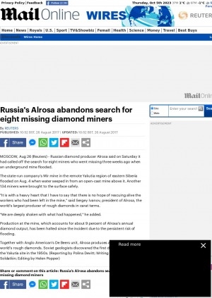 Обложка электронного документа Russia's Alrosa abandons search for eight missing diamond miners