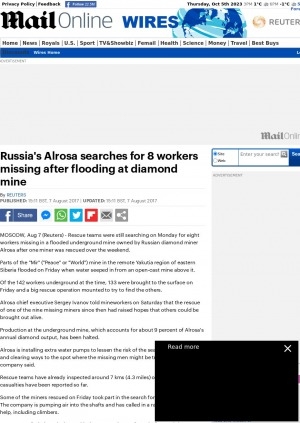 Обложка электронного документа Russia's Alrosa searches for 8 workers missing after flooding at diamond mine