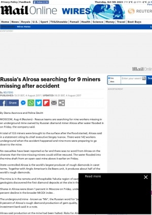 Обложка электронного документа Russia's Alrosa searching for 9 miners missing after accident