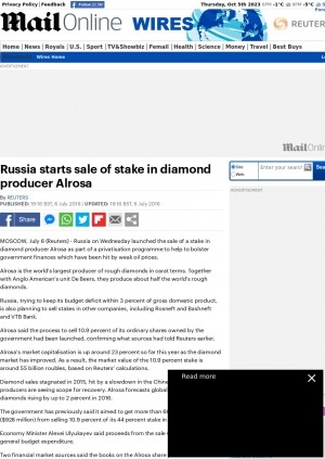 Обложка Электронного документа: Russia starts sale of stake in diamond producer ALROSA